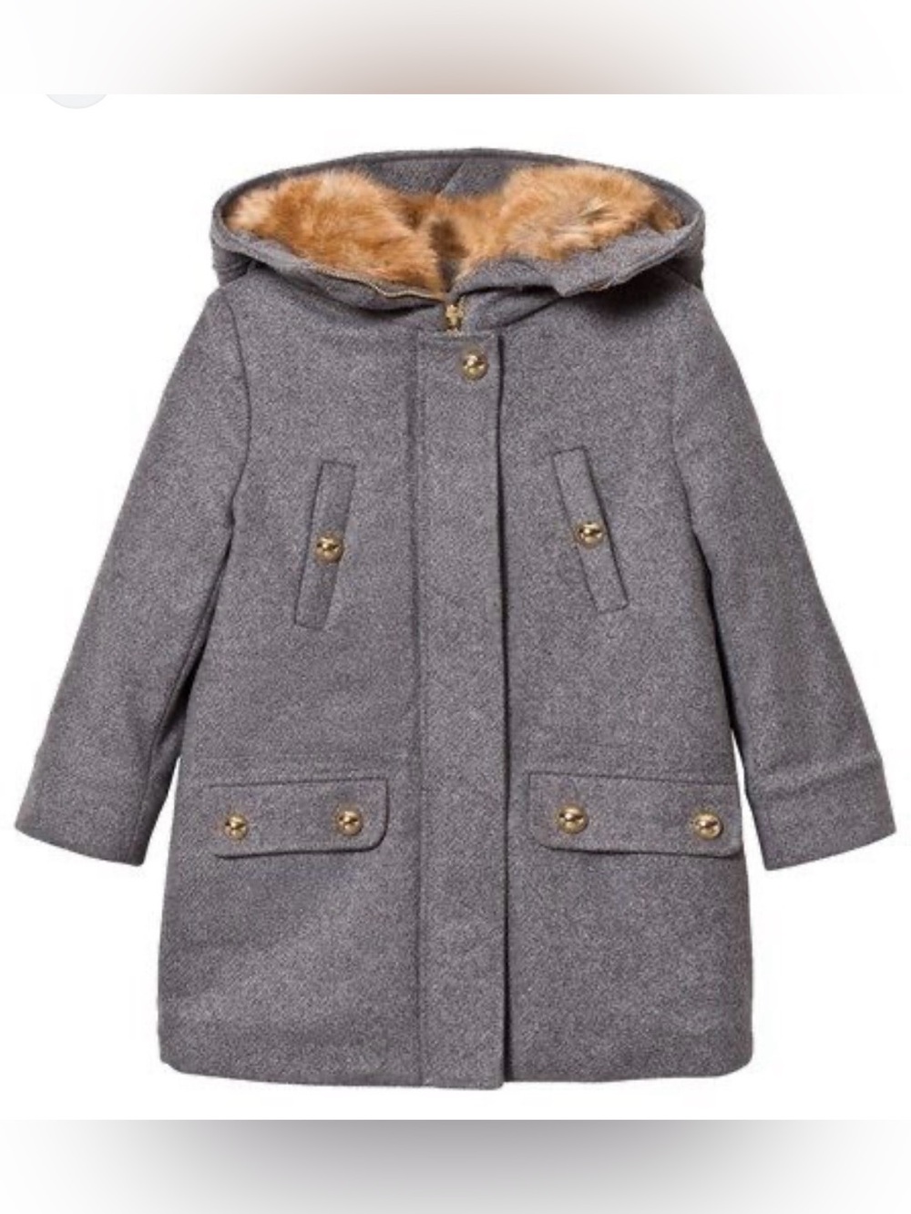 Chloé Girls Wool Fur Hooded Coat/Jacket, Gray, Size 8